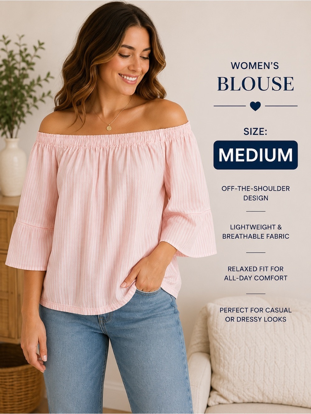 Free ASSEMBY Women's Pink Off-Shoulder Seersucker Blouse MEDIUM